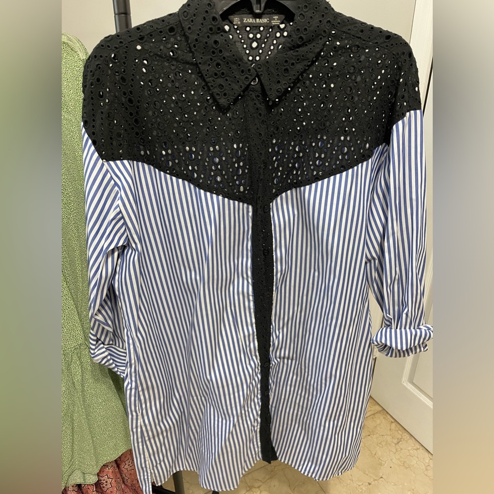 Zara Shirt dress. Combo black eyelet and poplin blue and white stripes.